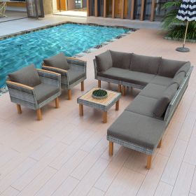 GO 9-Piece Patio Rattan Furniture Set, Outdoor Conversation Set With Acacia Wood Legs and Tabletop, PE Rattan Sectional Sofa Set with Coffee Tabl (Color: as Pic)